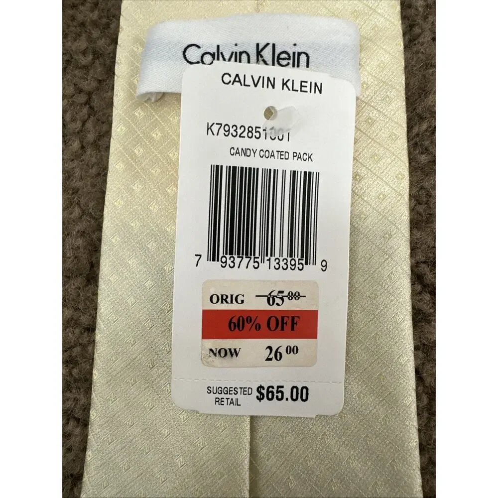 NWT Calvin Klein Men’s 100% Silk Ivory Golden Off White Tie